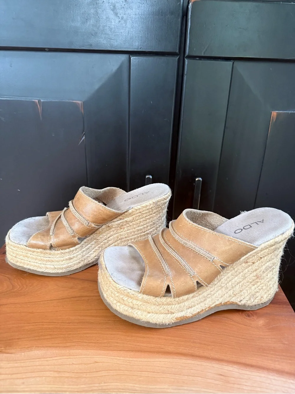 Vintage ALDO Tan Braided Espadrille Wedge Slide Sandals